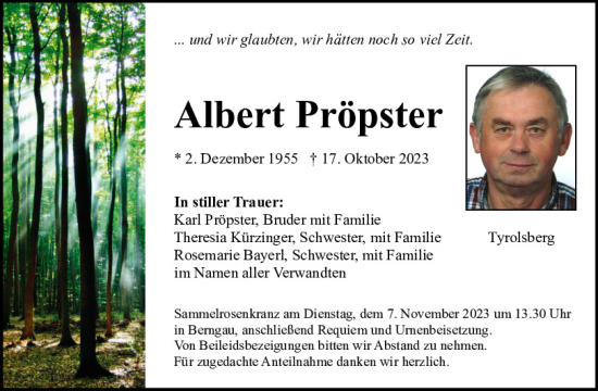 Traueranzeigen Von Albert Pröpster | Mittelbayerische Trauer