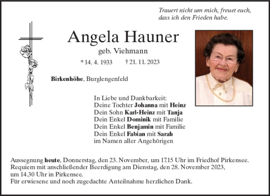 Traueranzeigen Von Angela Hauner | Mittelbayerische Trauer