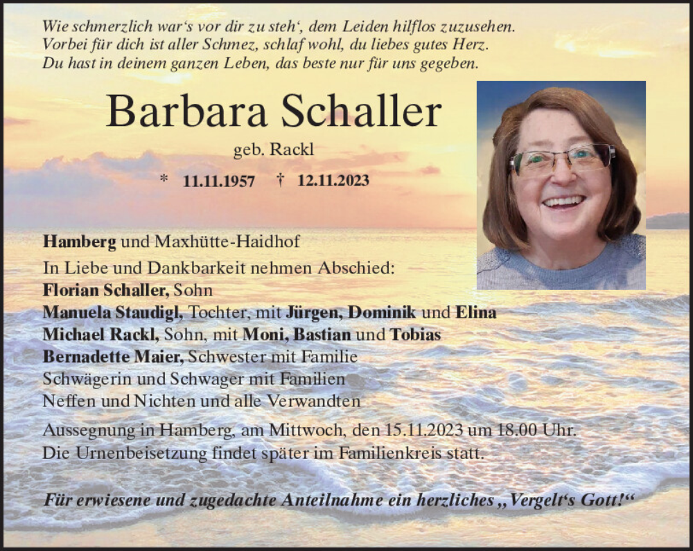  Traueranzeige für Barbara Schaller vom 14.11.2023 aus Neumarkter Tagblatt