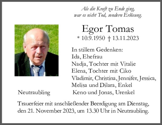 Traueranzeige von Egor Tomas von Mittelbayerische Zeitung Regensburg