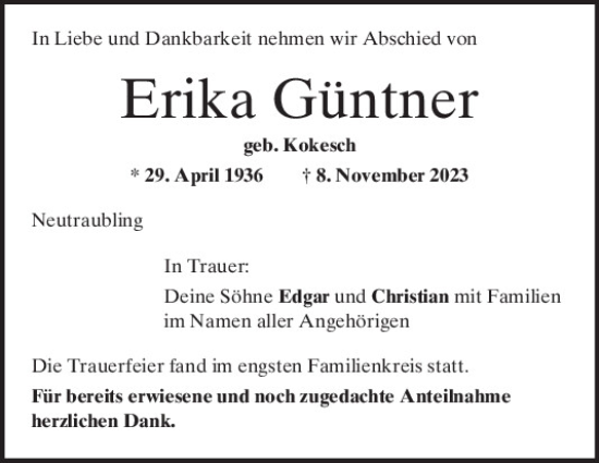 Traueranzeige von Erika Güntner von Mittelbayerische Zeitung Regensburg