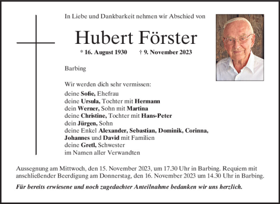 Traueranzeigen Von Hubert Förster | Mittelbayerische Trauer