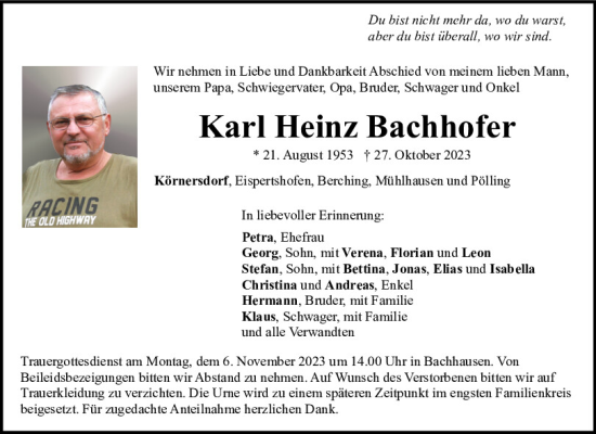 Traueranzeigen Von Karl Heinz Bachhofer Mittelbayerische Trauer