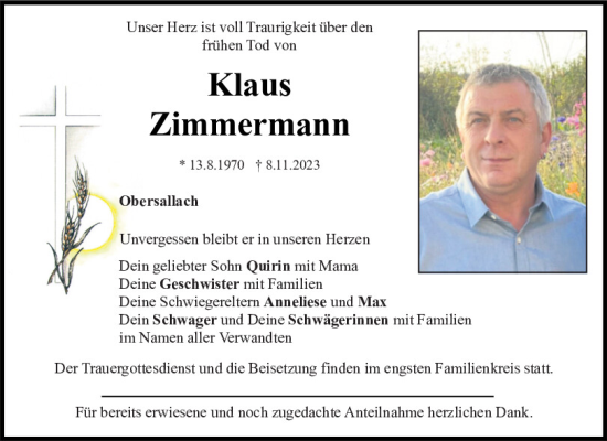 Traueranzeige von Klaus Zimmermann von Bayerwald Echo