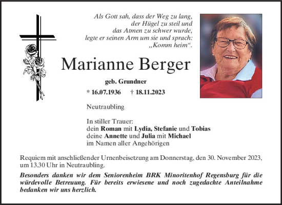 Traueranzeige von Marianne Berger von Mittelbayerische Zeitung Regensburg