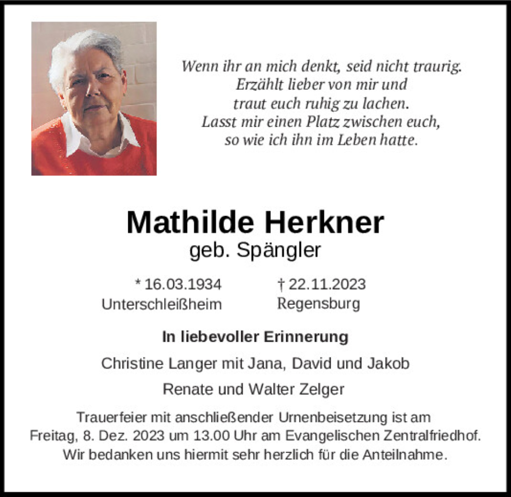 Traueranzeigen von Mathilde Herkner | Mittelbayerische Trauer