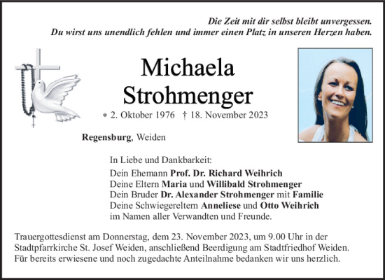 Traueranzeige von Michaela Strohmenger von Neumarkter Tagblatt