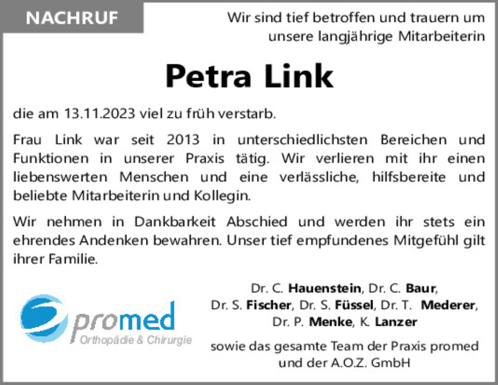  Traueranzeige für Petra Link vom 30.11.2023 aus Neumarkter Tagblatt
