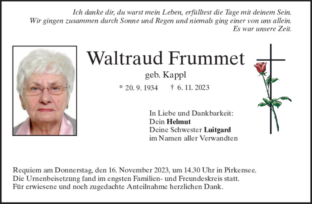  Traueranzeige für Waltraud Frummet vom 11.11.2023 aus Mittelbayerische Zeitung Schwandorf