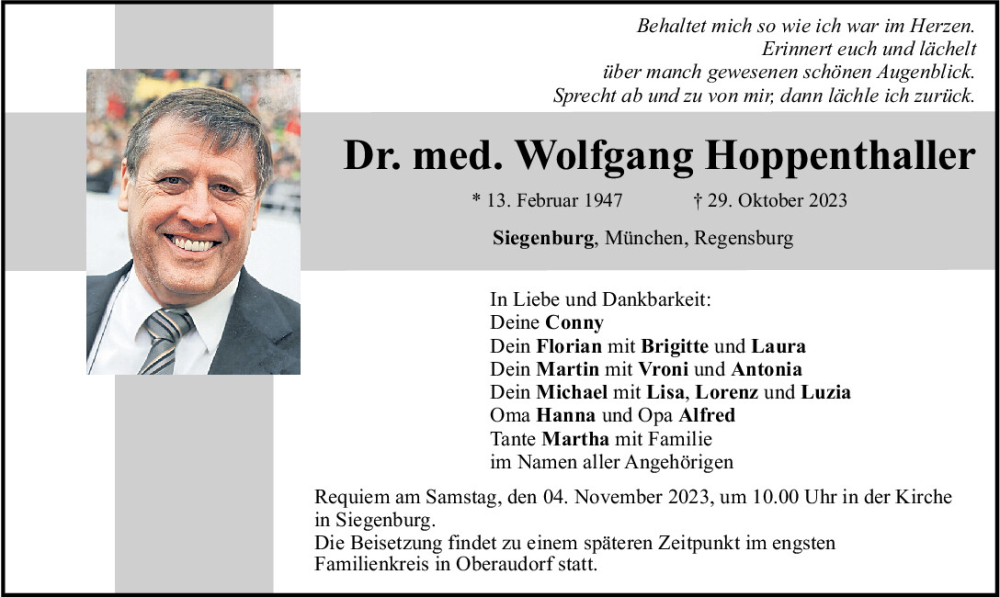  Traueranzeige für Wolfgang Hoppenthaller vom 03.11.2023 aus Mittelbayerische Zeitung Kelheim