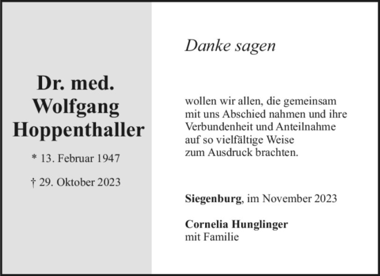 Traueranzeige von Wolfgang Hoppenthaller von Mittelbayerische Zeitung Kelheim