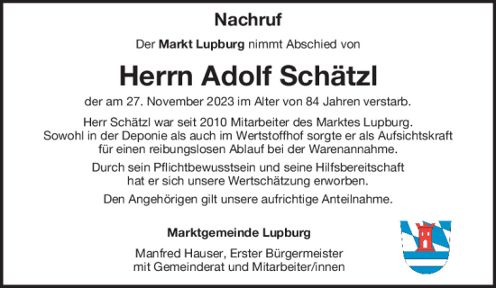 Traueranzeige von Adolf Schätzl von Neumarkter Tagblatt