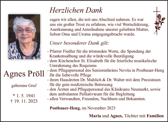 Traueranzeige von Agnes Pröll von Neumarkter Tagblatt