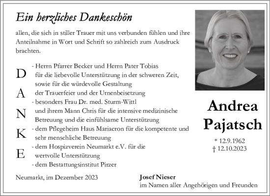 Traueranzeige von Andrea Pajatsch von Neumarkter Tagblatt