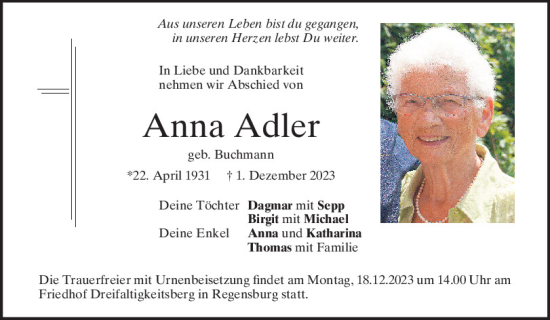 Traueranzeige von Anna Adler von Mittelbayerische Zeitung Regensburg