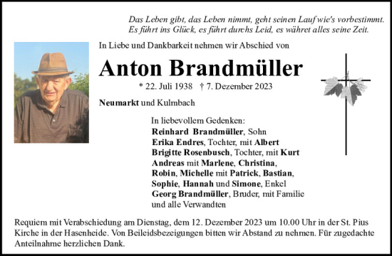 Traueranzeige von Anton Brandmüller von Neumarkter Tagblatt