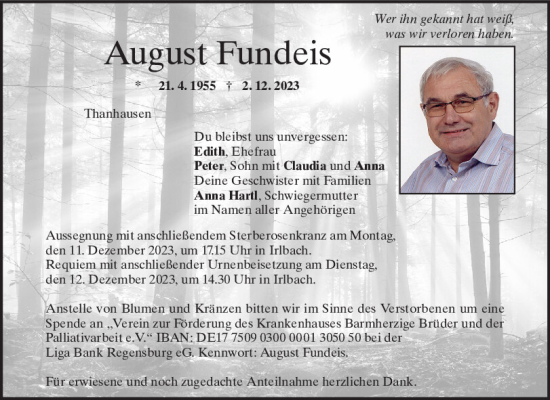 Traueranzeige von August Fundeis von Mittelbayerische Zeitung Regensburg