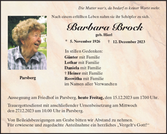 Traueranzeigen Von Barbara Brock Mittelbayerische Trauer