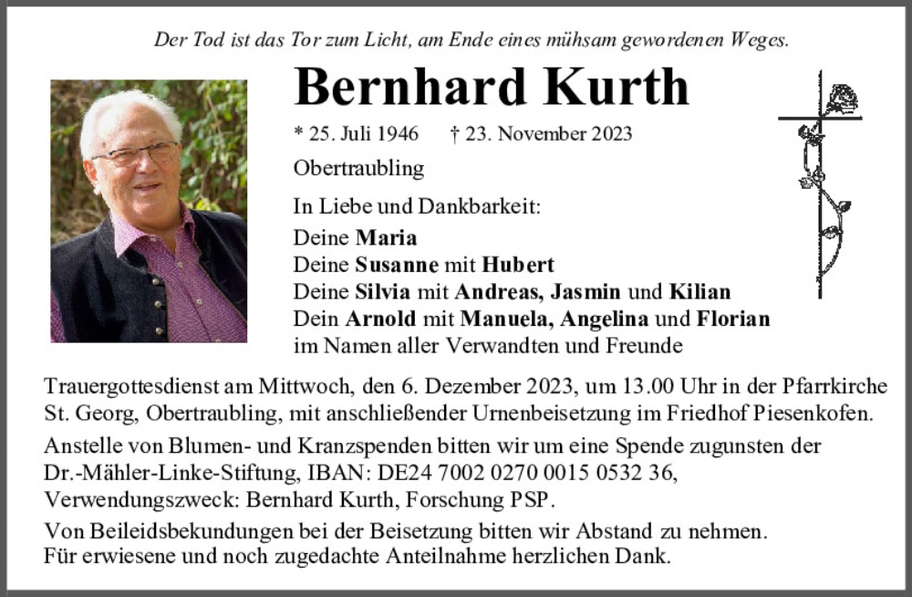  Traueranzeige für Bernhard Kurth vom 02.12.2023 aus Mittelbayerische Zeitung Regensburg