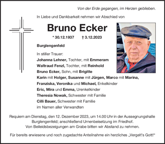 Traueranzeige von Bruno Ecker von Mittelbayerische Zeitung Schwandorf