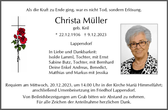 Traueranzeigen von Christa Müller | Mittelbayerische Trauer