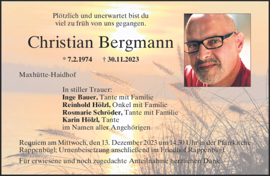 Traueranzeige von Christian Bergmann von Mittelbayerische Zeitung Schwandorf