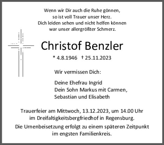 Traueranzeige von Christof Benzler von Mittelbayerische Zeitung Regensburg