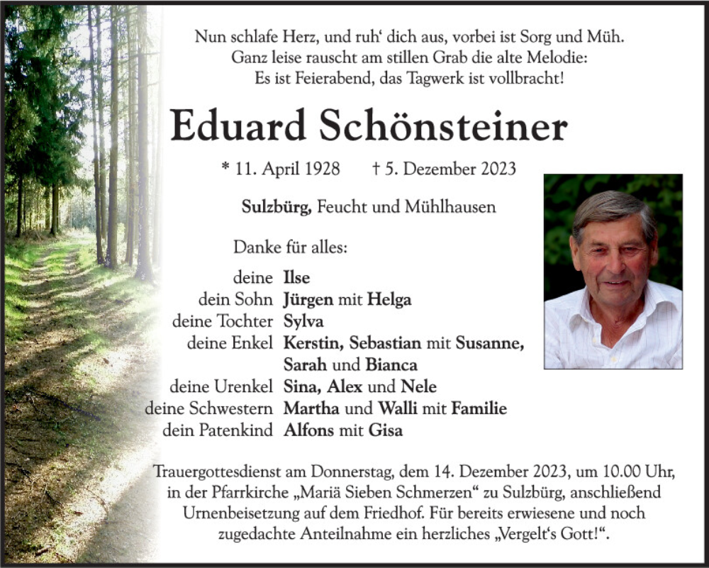  Traueranzeige für Eduard Schönsteiner vom 11.12.2023 aus Neumarkter Tagblatt