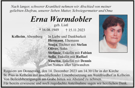 Traueranzeige von Erna Wurmdobler von Mittelbayerische Zeitung Kelheim