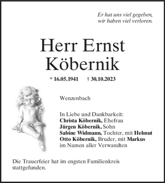 Traueranzeige von Ernst Köbernik von Mittelbayerische Zeitung Regensburg