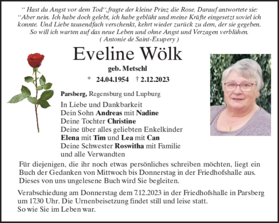 Traueranzeige von Eveline Wölk von Neumarkter Tagblatt