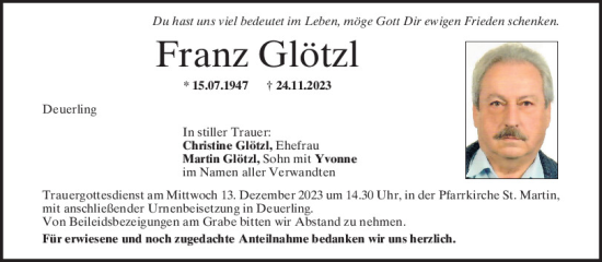 Traueranzeige von Franz Glötzl von Mittelbayerische Zeitung Regensburg