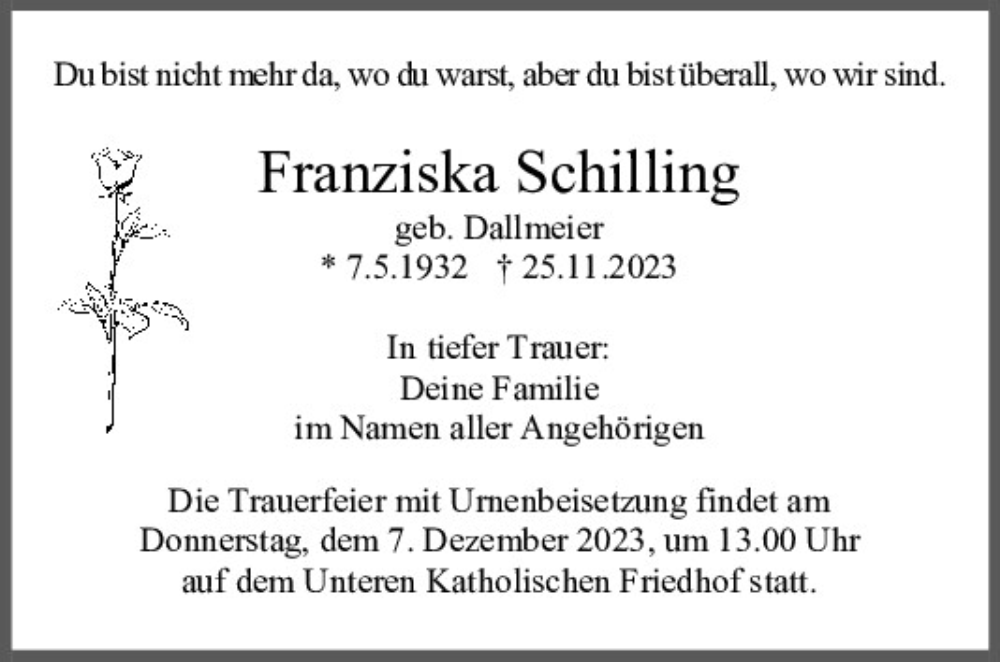  Traueranzeige für Franziska Schilling vom 02.12.2023 aus Mittelbayerische Zeitung Regensburg