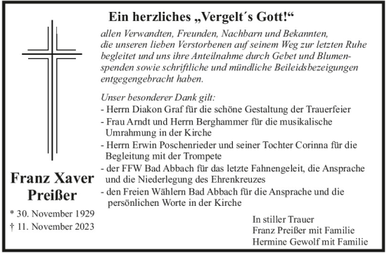 Traueranzeige von Franz Xaver Preißer von Mittelbayerische Zeitung Kelheim