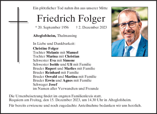 Traueranzeige von Friedrich Folger von Mittelbayerische Zeitung Regensburg