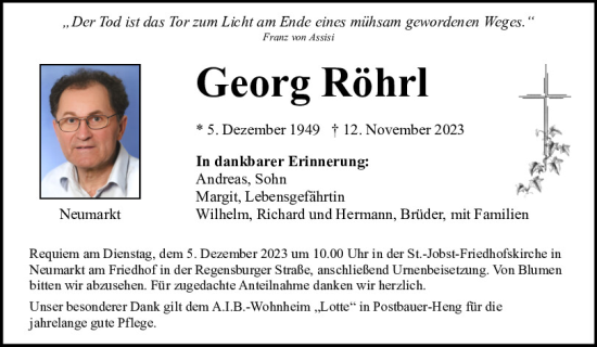 Traueranzeige von Georg Röhrl von Neumarkter Tagblatt