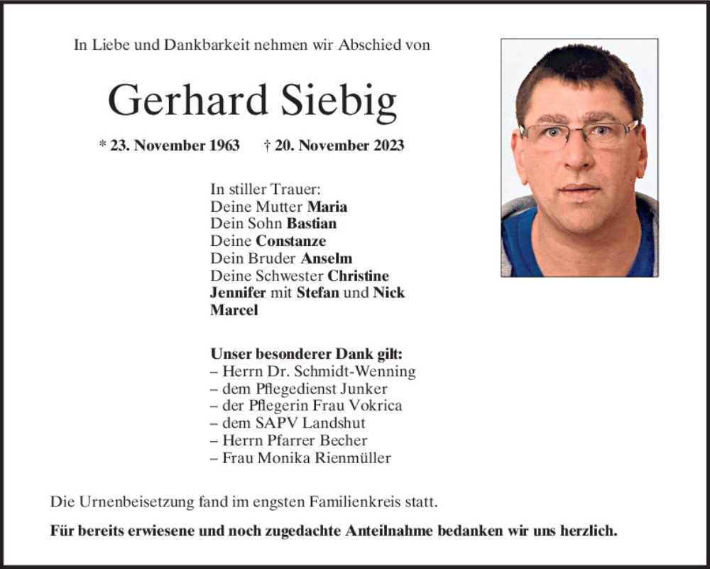  Traueranzeige für Gerhard Siebig vom 16.12.2023 aus Mittelbayerische Zeitung Kelheim