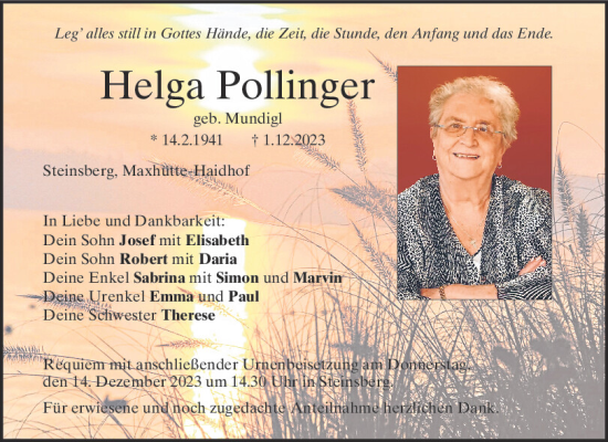 Traueranzeige von Helga Pollinger von Mittelbayerische Zeitung Regensburg