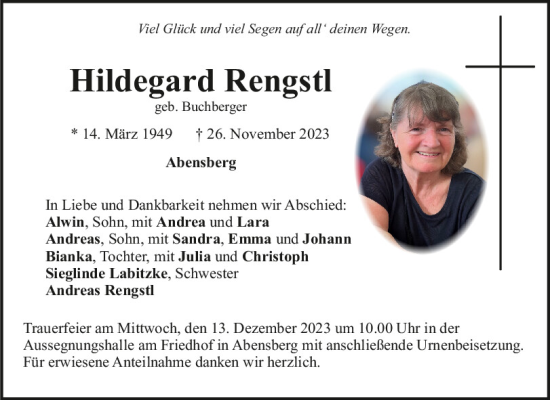 Traueranzeige von Hildegard Rengstl von Mittelbayerische Zeitung Kelheim