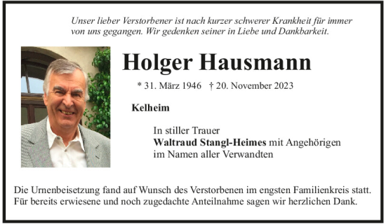 Traueranzeige von Holger Hausmann von Mittelbayerische Zeitung Kelheim