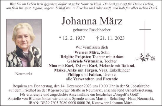 Traueranzeige von Johanna März von Neumarkter Tagblatt