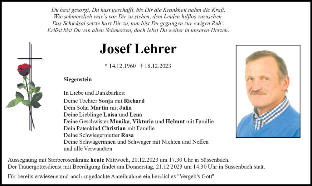  Traueranzeige für Josef Lehrer vom 20.12.2023 aus Mittelbayerische Zeitung Schwandorf