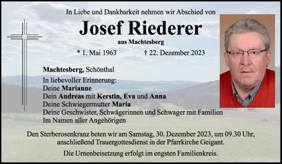 Traueranzeigen Von Josef Riederer | Mittelbayerische Trauer