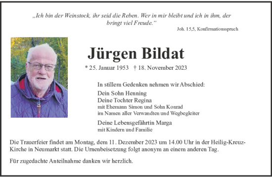 Traueranzeige von Jürgen Bildat von Neumarkter Tagblatt