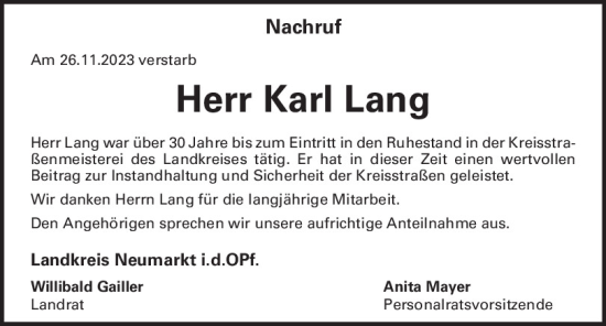 Traueranzeige von Karl Lang von Neumarkter Tagblatt