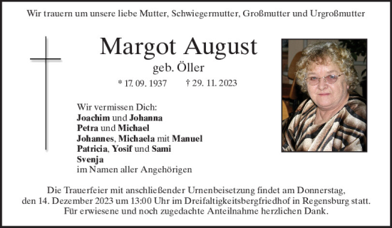 Traueranzeige von Margot August von Mittelbayerische Zeitung Regensburg