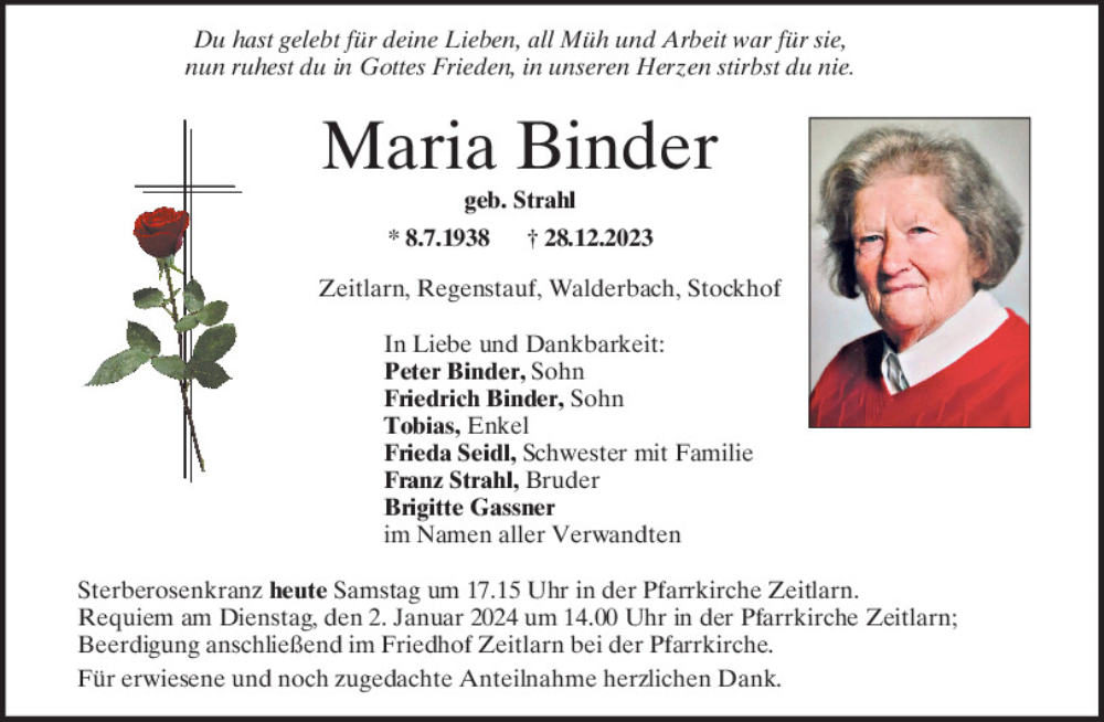  Traueranzeige für Maria Binder vom 30.12.2023 aus Mittelbayerische Zeitung Regensburg