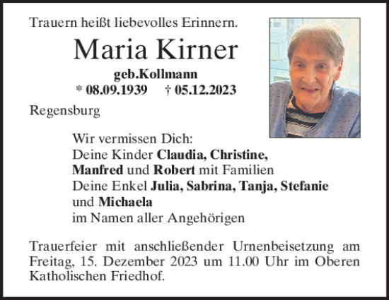 Traueranzeige von Maria Kirner von Mittelbayerische Zeitung Regensburg