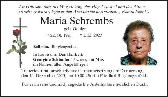 Traueranzeige von Maria Schrembs von Mittelbayerische Zeitung Schwandorf