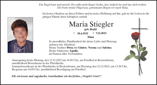 Traueranzeige von Maria Stiegler von Neumarkter Tagblatt